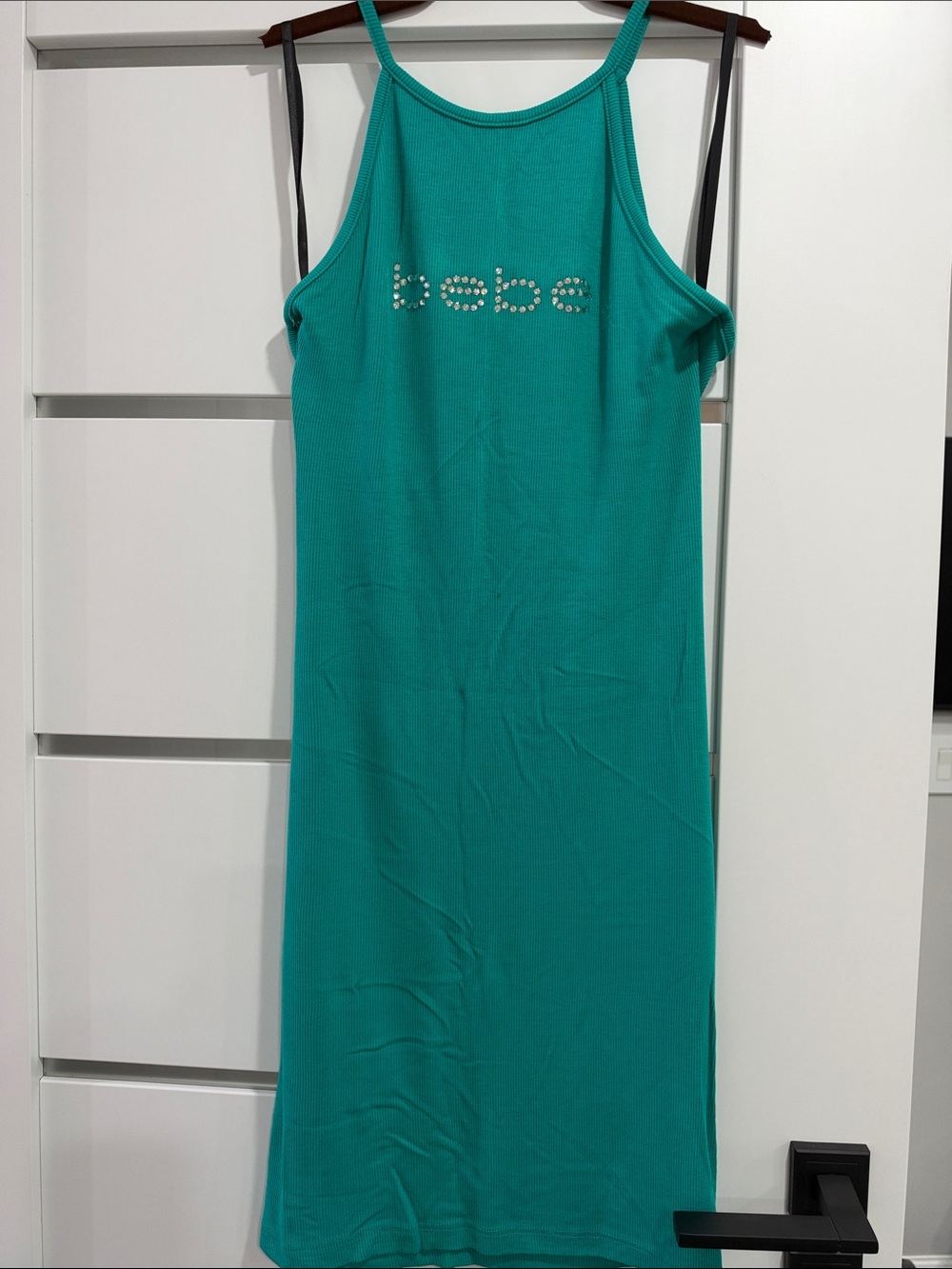 bebe Teal Ribbed Maxi Dress with Crystal Logo